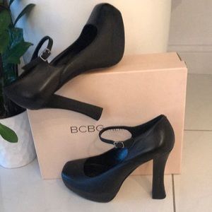 BCBG Black Silky Leather Mary Jane Platforms